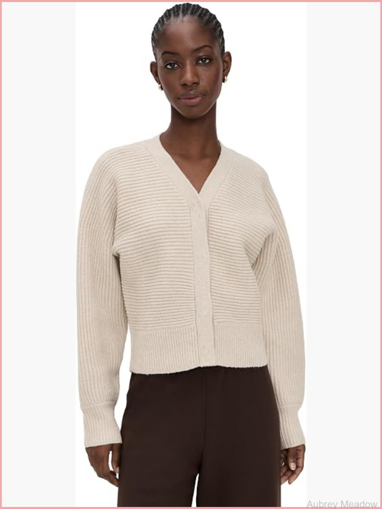 V-Neck Long Sleeve Cardigan, Mid-Weight Ribbed Knit With Stretch, Ivory